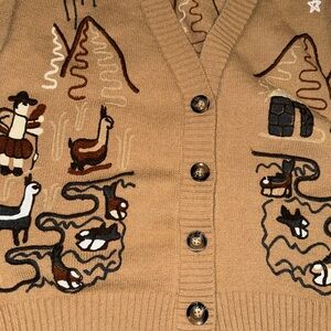 Tan Peruvian Village Night Embroidered Cardigan Sweater